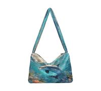 Sac à main fourre-tout en peluche pour femme - Sac à main moelleux pour femme - Sac à bandoulière pour l'hiver - Motif dauphin dans l'océan