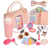Sac à main pour fille avec maquillage pour enfants - Lot de 14 faux jouets de maquillage pour enfants, argent de jeu EUR, téléphone portable, portefeuille, gobelet, lunettes de soleil, clés, cartes de