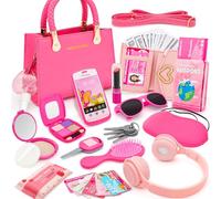 Sac à Main pour Tout-Petits Filles avec Accessoires - Maquillage pour Enfants, Casque, Portefeuille, Un téléphone, Lunettes de Soleil, clés, Cartes de crédit, Cadeau pour Les Filles 3+