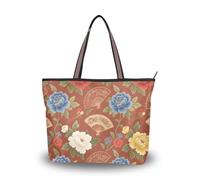 Sac à main réutilisable en tissu de soie avec fermeture éclair pour femme, pour bal, fiançailles, cocktail, fête, mariage (éventail rétro rouge et bleu pivoine) L
