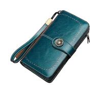 Sac à main vintage grande capacité pour femme, peau de cire, multi-cartes, long portefeuille, sangle de fermeture éclair multifonction, dragonne, bleu paon, Taille unique