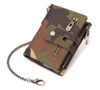 Sac à monnaie Oxford tendance pour homme avec chaîne en métal pour la sécurité Pochettes zippées Portefeuille court Porte-monnaie Porte-cartes Chaîne antivol en métal, camouflage, Beauté de masse