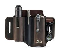 Sac à Outils de Ceinture Fourreau en Cuir pour Organiseur EDC Crazy Horse - Passant de Ceinture - Porte-Outil Multifonction avec Porte-clés - Porte-Stylo - Porte-Lampe de Poche - pour Homme - Marron