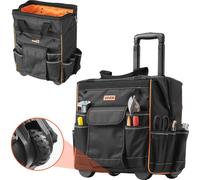 Sac à outils VEVOR avec roulettes, capacité de charge 50 kg, 25 poches, sac à dos de travail, poignée télescopique réglable & pied stable, organisateur de sacoches à outils pour le bâtiment, la mécani