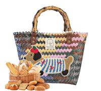 Sac à provisions de paille de teckel - Tote de plage tissé avec un design de chien mignon | Panier de sac à main artisanal pour les voyages, le travail, le mariage, le pique-nique, les sorties quotidi
