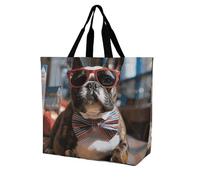 Sac à provisions en toile pliable avec motif lucioles et lanternes, grande capacité, Bulldog français portant des lunettes de soleil, 40x40x16cm