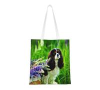 Sac à provisions réutilisable, sac à main pour les courses, sac à bandoulière en toile polyvalent,Cavalier King Charles Spaniel Chien Fleurs de lupin