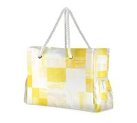 Sac anti-sable à carreaux jaune clair et blanc pour femme - Sac de travail avec poches latérales - Sac de sport de plage avec porte-gobelets sur le côté