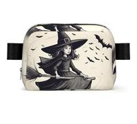 Sac banane à bandoulière avec sangle réglable pour Halloween, sorcière volante, 1 imprimé carré, sac banane multi-poches