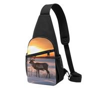 Sac banane à bandoulière pour femme - Motif empreintes de pattes de chien - Sac de poitrine en forme de cœur pour randonnée, voyage, Cerf sur un champ de neige au lever du soleil, Taille unique
