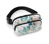 Sac banane à bandoulière pour homme et femme - Motif feuilles bleues et vertes - Grand sac banane avec sangle réglable - Tendance - Pour entraînement, course à pied, voyage, blanc, 20 x 13 cm, blanc,