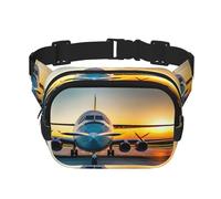 Sac banane avec extension pour homme et femme avec poches zippées Motif avion au coucher du soleil, noir, One Size