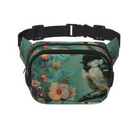 Sac banane avec extension pour homme et femme - Imprimé floral et oiseau - Avec poches zippées, noir, One Size