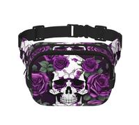 Sac banane avec extension pour homme et femme Motif squelette de rose violette avec poches zippées, noir, One Size