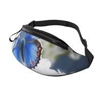 Sac banane avec imprimé fleurs et papillons bleus avec trou pour écouteurs pour homme et femme - Sac banane de sport réglable pour l'extérieur, l'entraînement, la randonnée, Noir , Taille unique, Sac