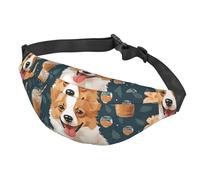 Sac banane avec motif chien mignon portant des écouteurs, sac banane étanche avec ceinture réglable, sac banane décontracté pour le sport, la course à pied, le cyclisme, Cute Corgi Pet and Milk Tea,