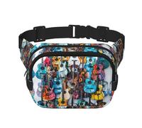 Sac banane avec rallonge pour homme et femme avec poches zippées et imprimé guitare acoustique et couleur, noir, One Size