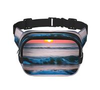 Sac banane avec rallonge pour homme et femme Motif coucher de soleil et vagues de mer avec poches zippées, noir, One Size