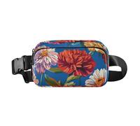 Sac banane avec sangle réglable, sac à bandoulière pour homme et femme, motif fleurs, œillets zinnia, pivoines, bleu roi, grande capacité, portefeuille de voyage pour le shopping, le sport, le travail