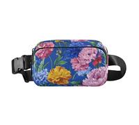 Sac banane avec sangle réglable, sac à bandoulière pour homme et femme, motif fleurs, œillets zinnia, pivoines, bleu roi, grande capacité, portefeuille de voyage pour le shopping, le sport, le travail