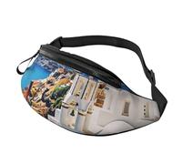 Sac banane bleu sarcelle avec imprimé floral pour homme et femme, sac banane de course à pied, sac banane pour voyage, randonnée, Santorini Île grecque vue sur la mer, Taille unique
