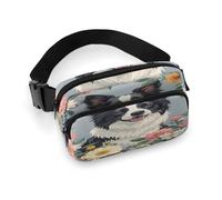 Sac banane Border Collie Florals avec sangle réglable pour sports de plein air randonnée Blanc 20 x 13 cm