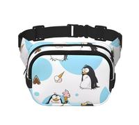 Sac banane carré double couche motif pingouins mignons avec impression intégrale, tissu sergé durable, sac banane multi-poches pour sports de plein air voyage