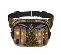 Sac banane carré double couche motif sapin de Noël avec impression intégrale, tissu sergé durable, sac banane multi-poches pour sports de plein air voyage