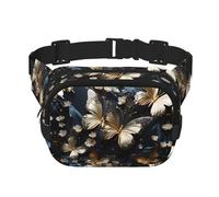 Sac banane carré double couche - Sac à bandoulière/sangle de poitrine réglable, pour voyage, entraînement, course à pied, imprimé papillons blancs dorés et noirs