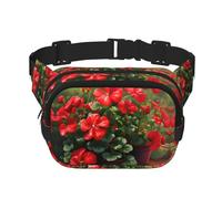 Sac banane carré double couche - Sac à bandoulière/sangle de poitrine réglable, pour voyage, entraînement, course à pied, imprimé géraniums rouges