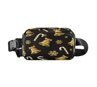 Sac banane de Noël doré et noir avec flocon de neige et clochette tendance pour homme et femme Mini avec sangle réglable pour voyage, shopping, course à pied