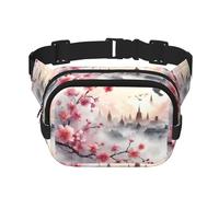 Sac Banane de Sport Double Couche carré Sakura-Blossoms-Pagodas-Japon Grand Sac Banane à bandoulière pour Course à Pied, Voyage, Marche