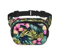 Sac banane d'été tropical avec fleurs hawaïennes et feuilles de palmier pour homme et femme, sac banane tendance pour entraînement, course à pied, voyage, randonnée, Noir , Taille unique