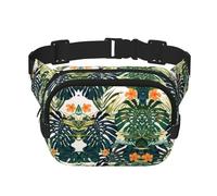 Sac banane d'été tropical avec fleurs hawaïennes et feuilles de palmier pour homme et femme, sac banane tendance pour entraînement, course à pied, voyage, randonnée, Noir , Taille unique