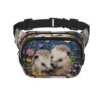Sac banane double couche carré polyvalent imprimé hérisson floral tendance pour homme et femme, noir, One Size