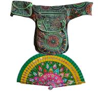 Sac banane en coton avec 3 poches zippées + 1 poche latérale à bouton - Boucle réglable jusqu'à 106 cm de taille - Fabriqué au Népal avec éventail avec motif Mandala, vert, Talla única, Hippie Boho