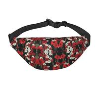 Sac banane en polyester imprimé fleur rouge et fleur blanche pour homme et femme, sac banane pour voyage, marche, sport avec sangle réglable, Noir , Taille unique