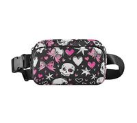 Sac banane étanche avec motif crânes blancs et fond noir avec joli nœud sur la tête, cœurs, étoiles et nœuds dans le style de Monster High Sac banane élégant pour homme et femme, Motif noir et blush
