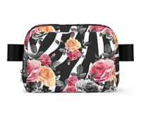 Sac banane imperméable avec sangle réglable et fermeture éclair pour femme Motif roses et zèbre