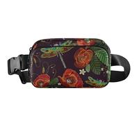 Sac banane imperméable pour femme avec motif coquelicots rouges et libellules noires, 20,3 x 13,5 x 5,8 cm, drôle et mignon, libellules rouges, Libellules rouges coquelicots noirs, 8 x 5.3 x 2.3 inch