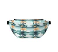 Sac banane imprimé feuilles tombées sur un lac tranquille avec grande capacité et double poches, adapté pour les voyages et le sport.