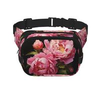 Sac banane imprimé pivoine avec extension pour homme et femme avec poches zippées, noir, One Size