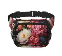 Sac banane imprimé pivoine de jardin avec extension pour homme et femme, sac banane avec poches zippées, noir, One Size