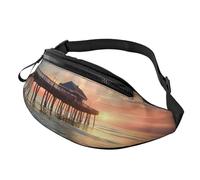 Sac banane imprimé Sunset at The Beach Bridge avec trou pour écouteurs pour homme et femme - Sac banane de sport réglable pour l'extérieur, l'entraînement, la randonnée, Noir , Taille unique, Sac à