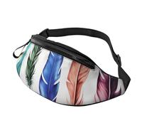 Sac banane japonais à motif floral prune pour homme et femme, sac banane tendance, sac banane pour voyage, sport, marche, Plumes colorées dessinées à la main sur blanc, Taille unique
