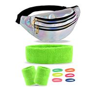 Sac banane multicolore pour femme des années 80, 90, 3 compartiments, sac à bandoulière avec bracelets arc-en-ciel néon et bandeau, élastique pour cheveux fluo pour costume de carnaval des années 80