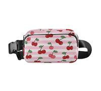 Sac banane multifonction avec sangle réglable pour le shopping, le sport, le travail - Rose et blanc - Rayé fruits et cerises - Pour femmes, hommes, adolescents