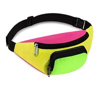 Sac Banane Néon Rétro des Années 80 Sacs Ceinture à 2 Poches Mains Libres Costumes des Années 80 de Taille pour Vacances Festival Voyage Soirée à Thème (Fond Jaune)