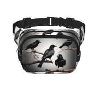 Sac banane noir avec motif corbeau et oiseaux sur une branche - Avec sangle réglable - Carré double couche - Unisexe