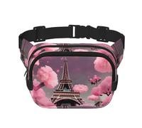 Sac banane Paris Street Tour Eiffel imprimé floral rose pour femme Sac banane pour voyage, plein air, course à pied, chasse pour adulte, noir, One Size